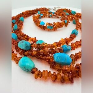 Jay King Amber & Turquoise Multi-strand Sterling Silver Necklace- south western